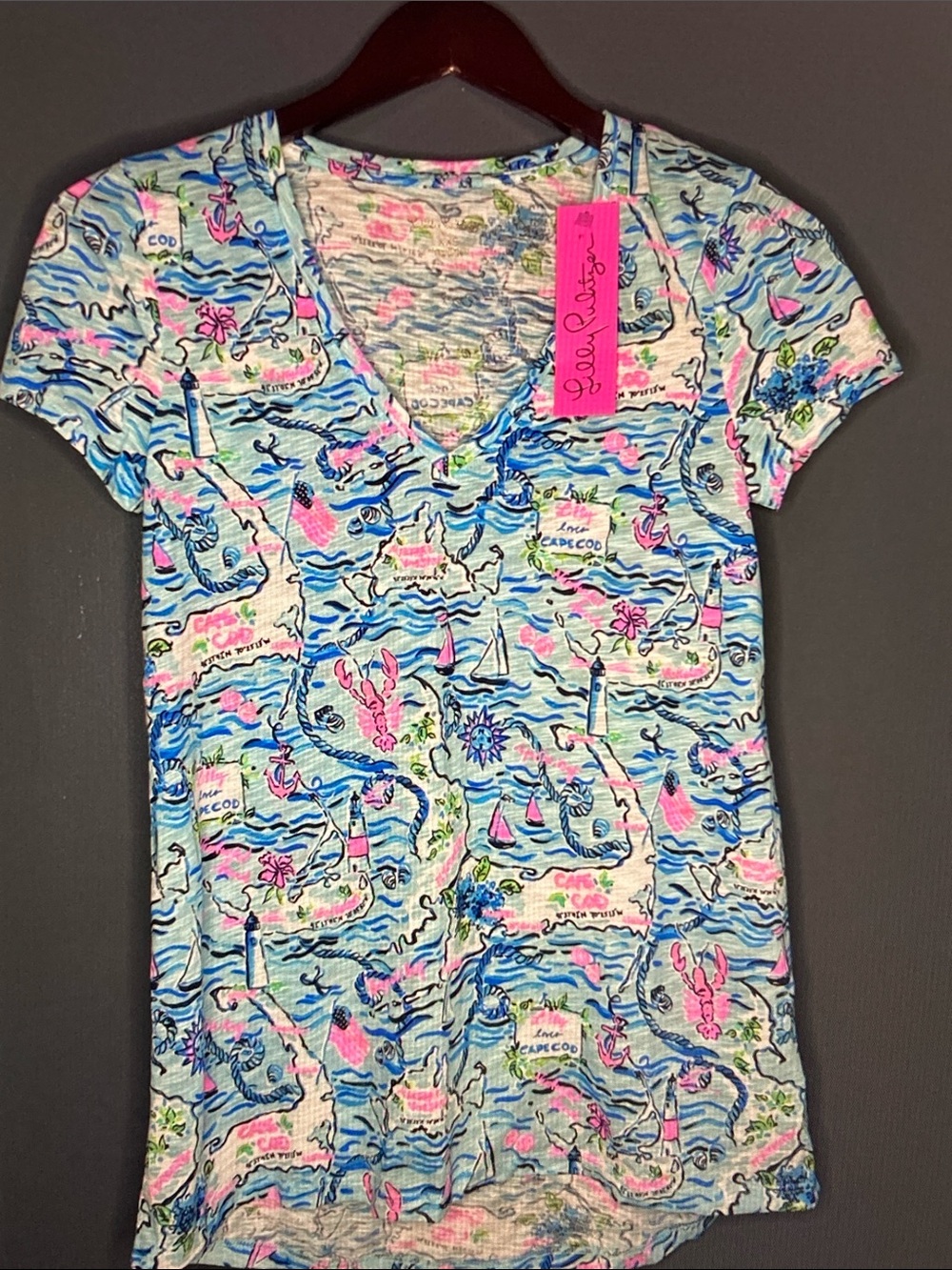 Lilly Pulitzer Light Blue, Pink & Navy Coastal V-Neck Tee